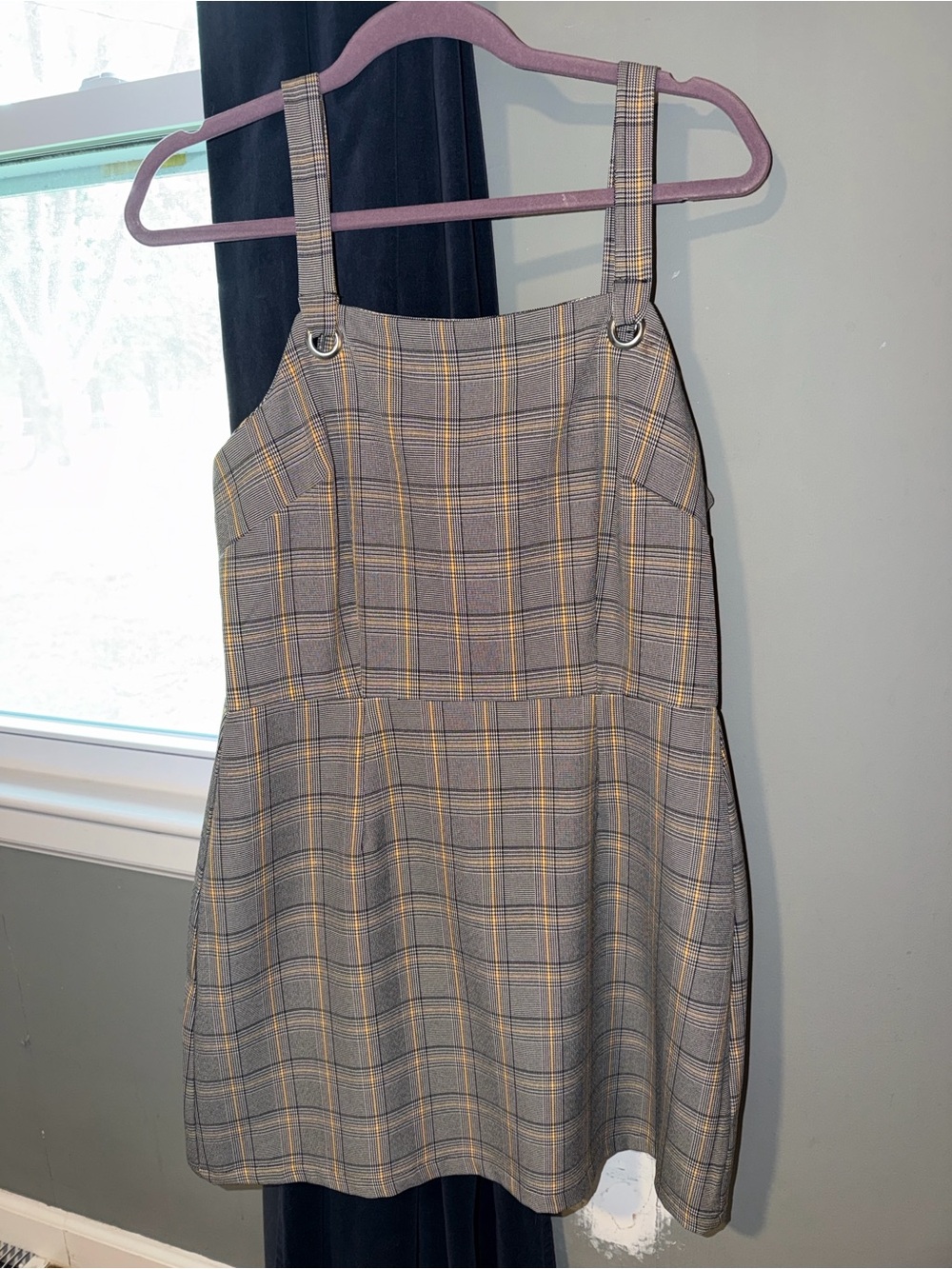 Plaid Square-Neck Pinafore Dress in Gray and Yellow